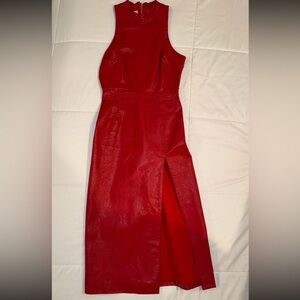 HOUSE OF CB Red Vegan Leather Thigh Split Maxi Dress